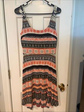 LOFT Coral Black Aztec Geometric Print Swing Tank Dress Sleeveless Size 2